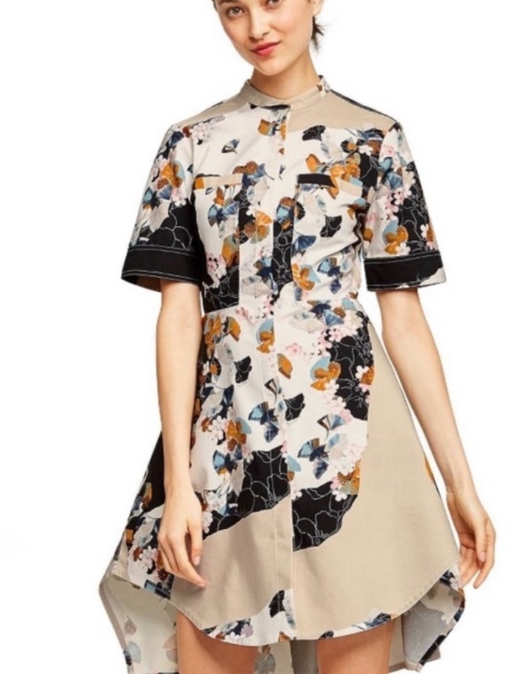 Philip LimFloral High-Low Short Sleeve Shirt Dress in Beige and Black! M